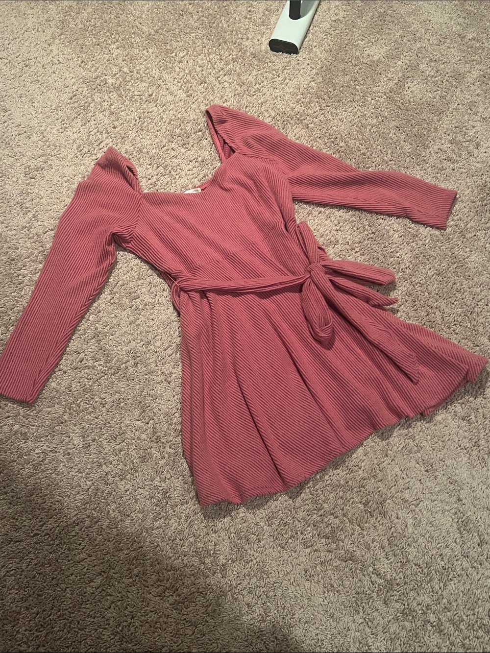 Long-Sleeve Rose Pink Ribbed Tie-Waist Women's Dress